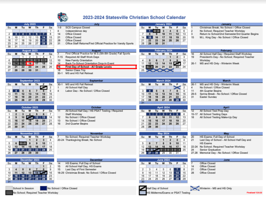 Calendar Statesville Christian School